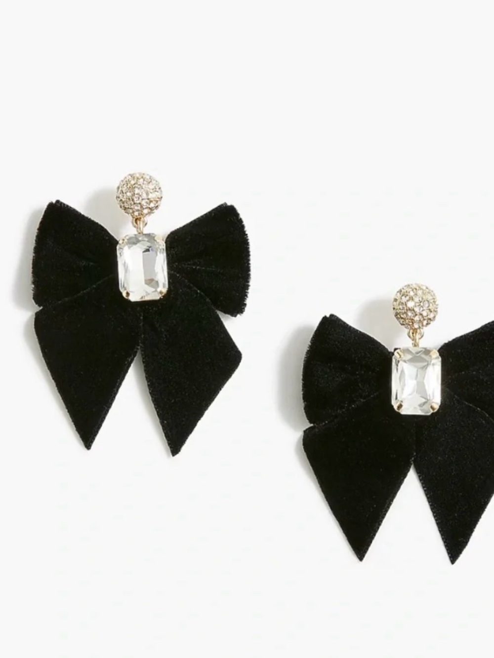 J. Crew Black Velvet Bow Earrings with Crystal Drops, NWOT, w/bag